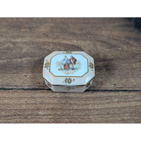 Limoges Porcelain‎ Trinket Box Octagon Courting Couple Gold Accent Decor - Picture 1 of 10